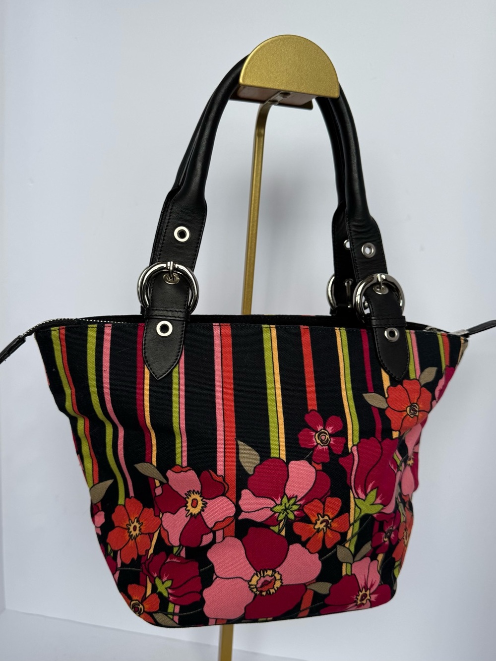 Talbots Black Canvas Floral Stripe Handbag